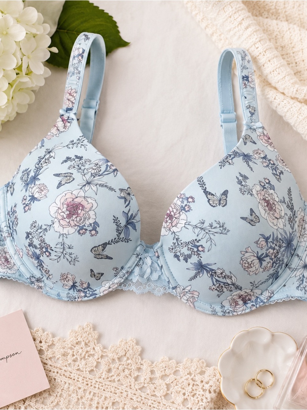 Jessica Simpson 42D Light Blue Floral Butterfly Lace Underwire Bra